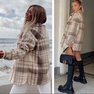 Zara Blogger Tan Brown Neutral Check Plaid Overshirt Shacket. Like New